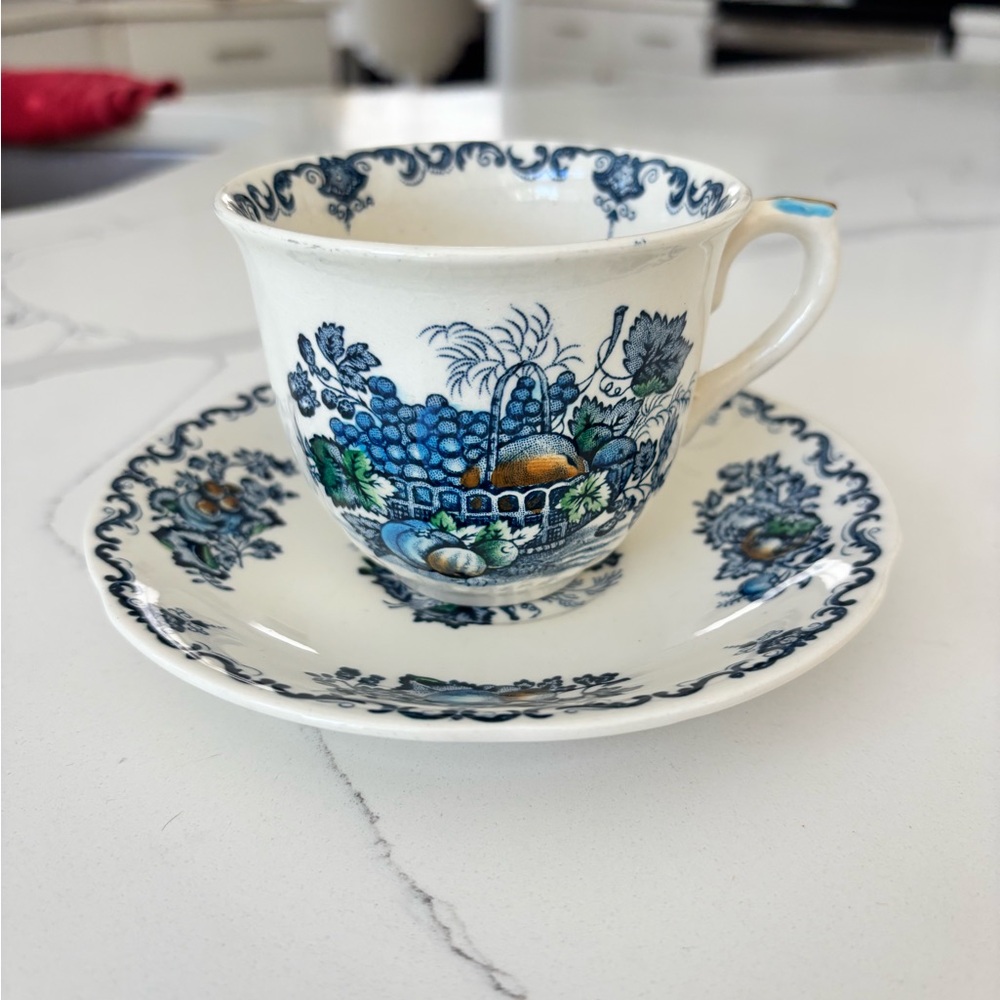 Mason’s Fruit Basket Blue and White Teacup with Saucer